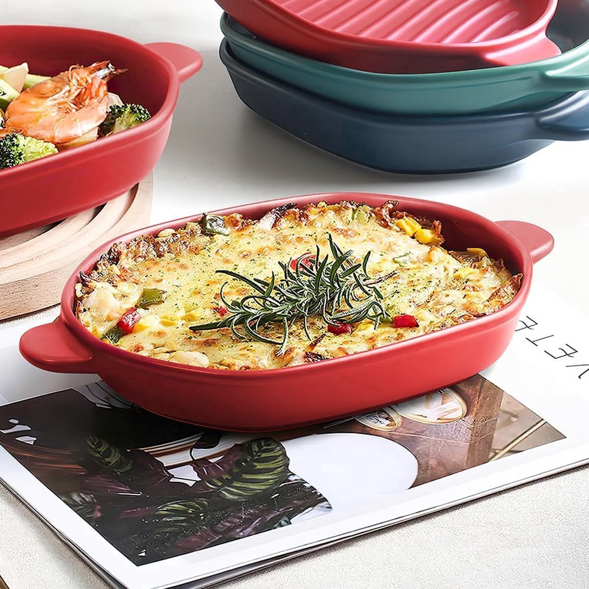 Stunq® Ovenschaal, 26 x 18 cm, Lasagnevorm met handvat, Ideaal voor 2 personen, Bakvorm, Ideaal voor de oven, Keramisch, Bakblik, Lasagne, Bakblik, Set van 2 (Rood)