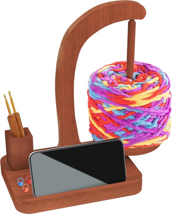 Foto: Verbeterde garenhouder voor haken houten garenspinner met magnetische rotatie inclusief opbergruimte voor haakaccessoires en telefoonhouder een perfect cadeau voor brei en haakliefhebbers 
