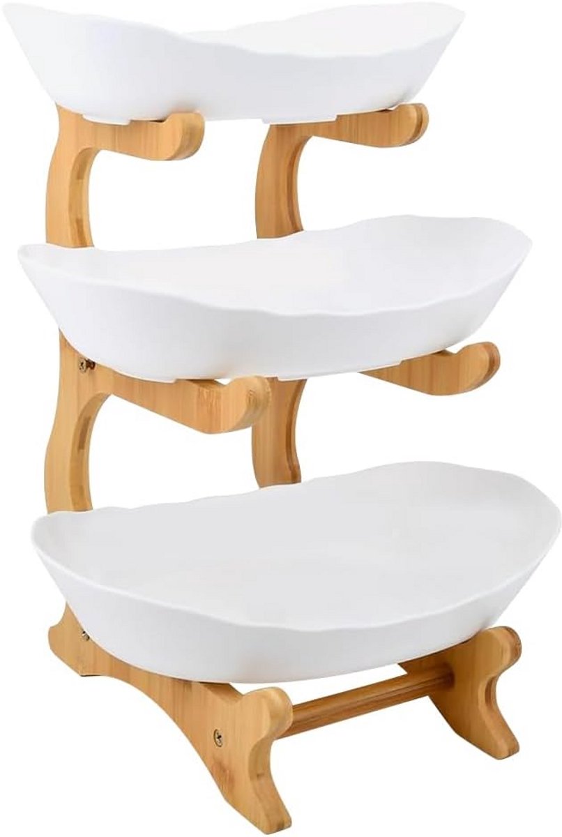 Set van 3 Stapelbare Serveerschalen op Houten Standaard - Keramiek en Hout