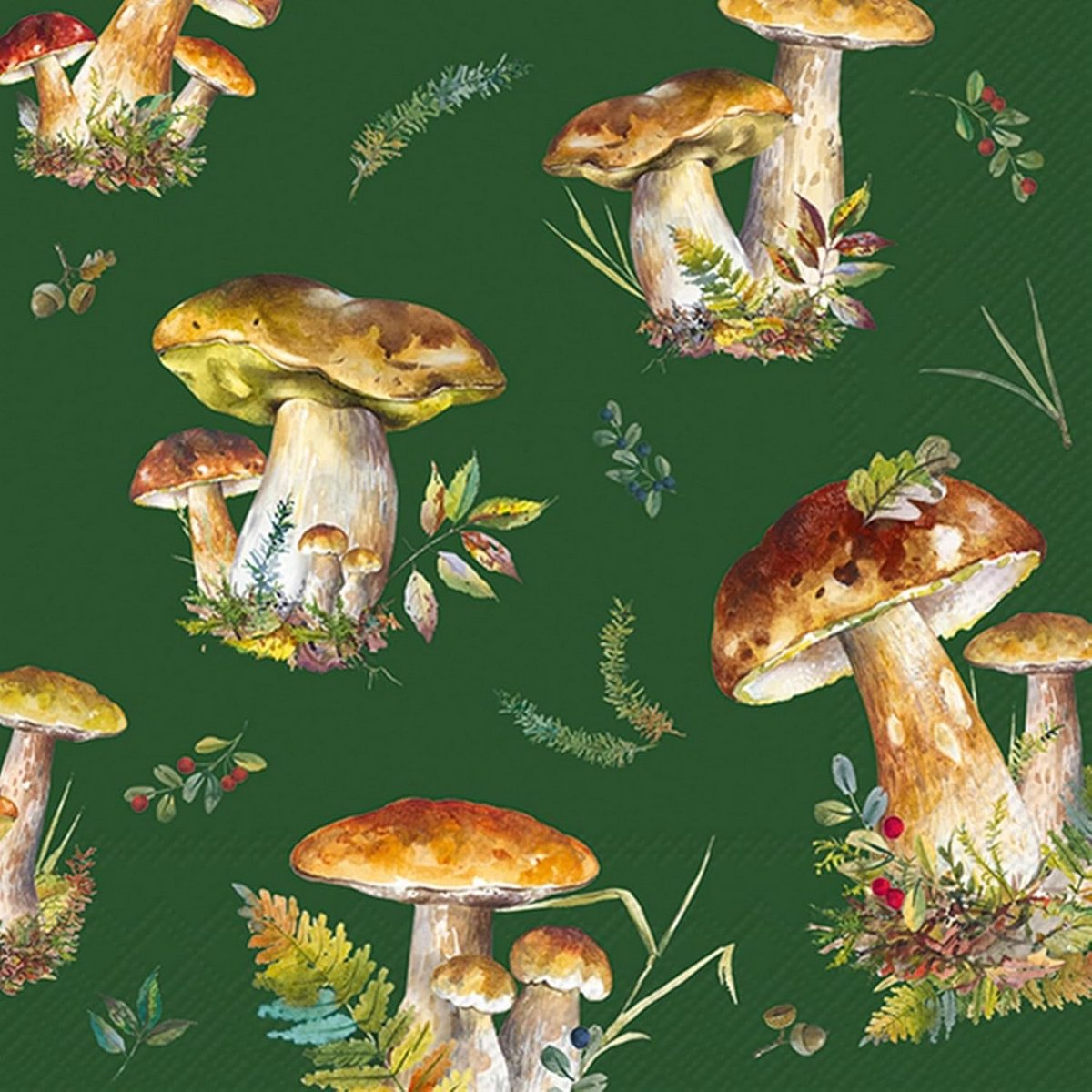 20 Papieren Servetten Herfst Paddenstoelen Groen Natuur Thema 33x33cm