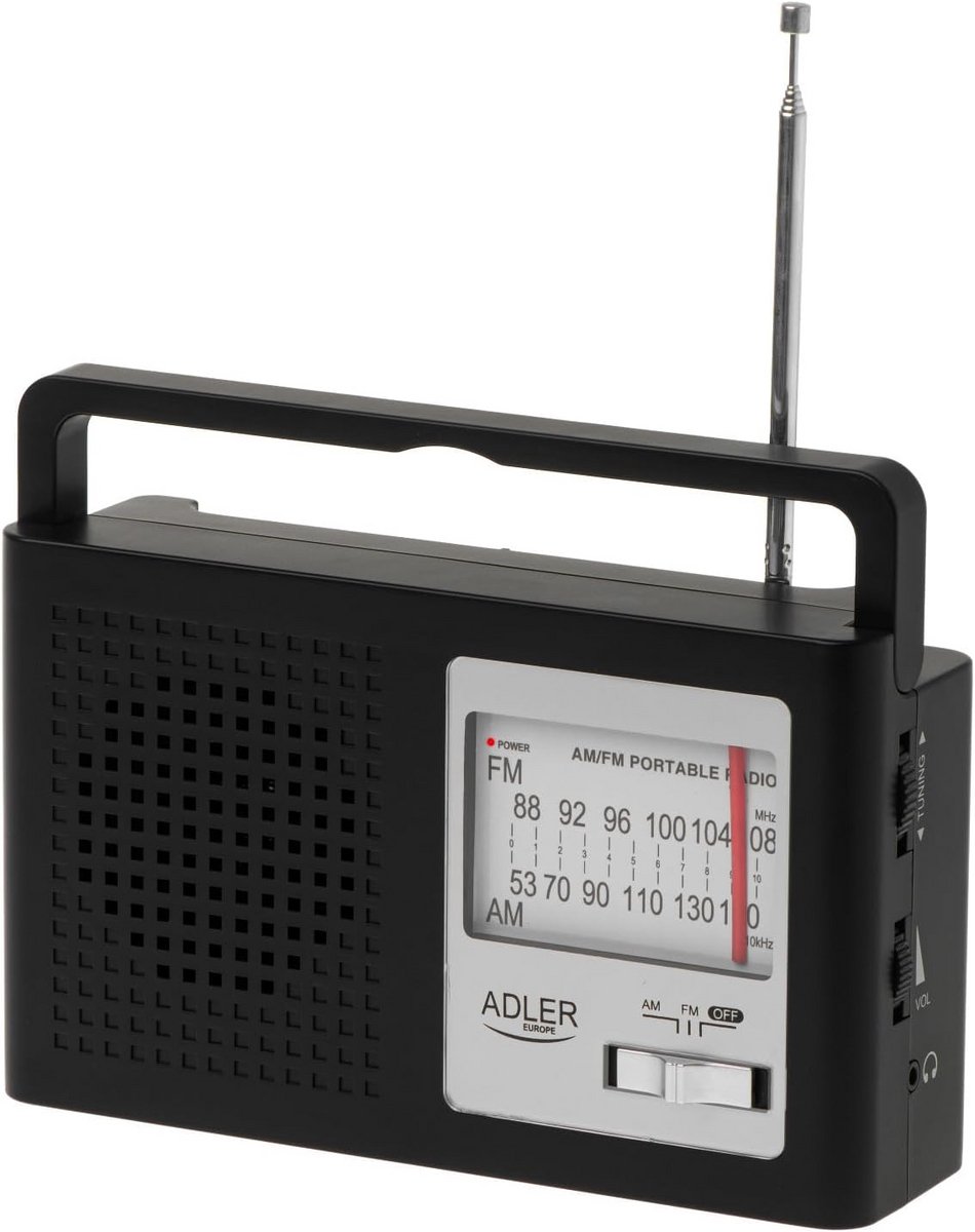 Draagbare AM/FM radio met grote draaiknop, telescopische antenne en AUX-ingang