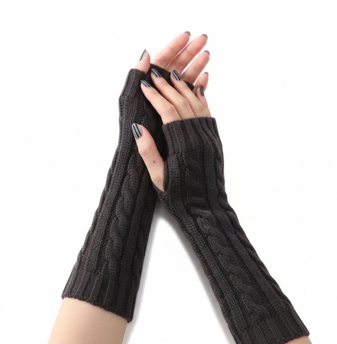 Enluxe Kabelgebreide Armwarmers met Halfvinger voor Dames – Donker Grijs – Winter Warm – One Size