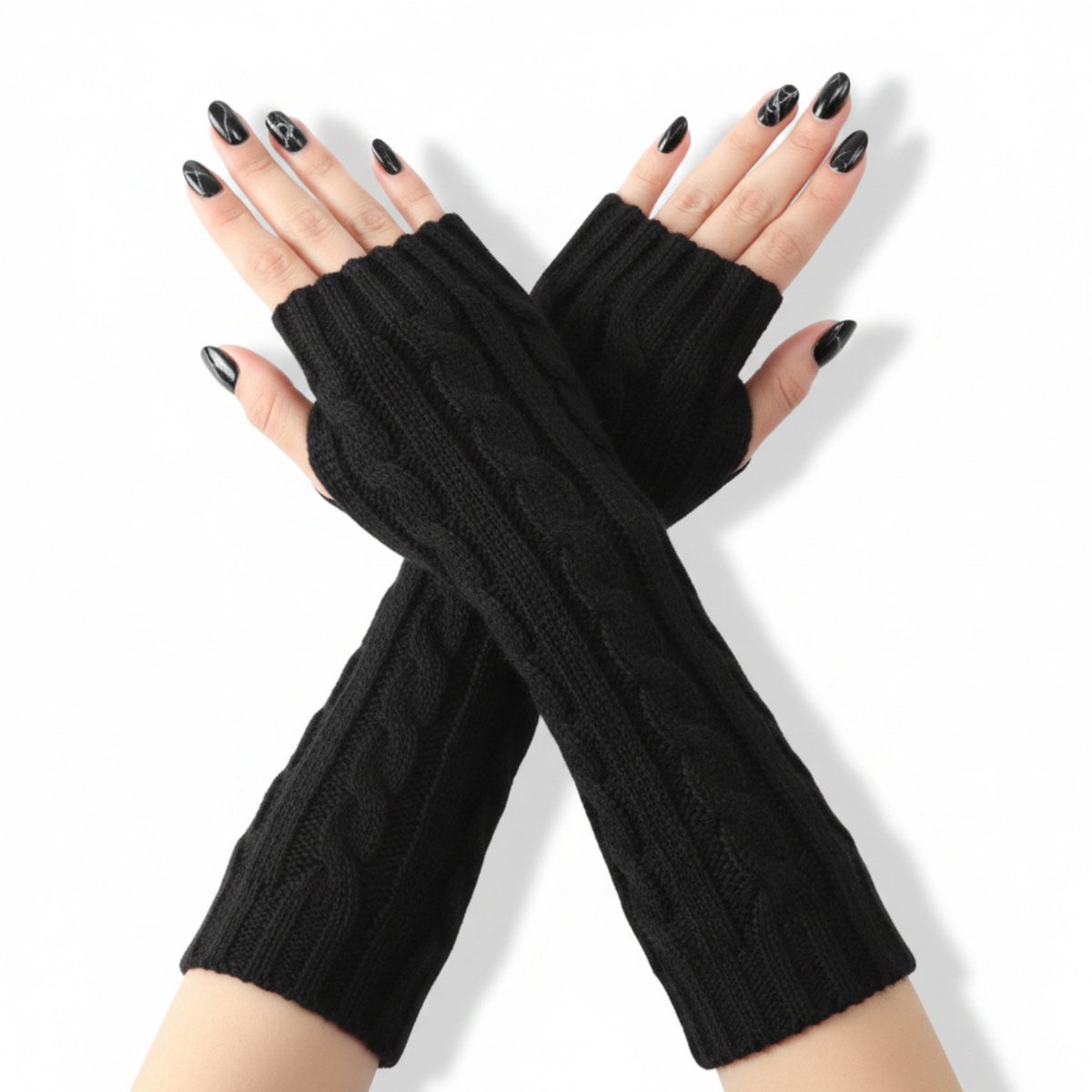Enluxe Kabelgebreide Armwarmers met Halfvinger voor Dames – Zwart – Winter Warm – One Size