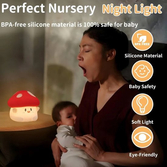 LED-nachtlampje, bedlampje, paddenstoelvormig siliconen kinderbedlampje, aanraakdimbaar, USB-opladen, gesimuleerde lamp voor peuterkamer. — afbeelding 4