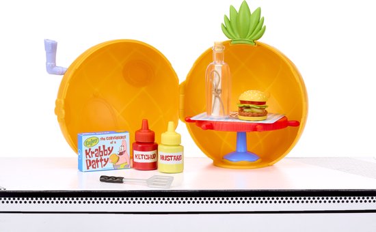 Miniverse SpongeBob ananasvormige verzameldoos met miniatuur Krabby Patty, ketchup, mosterd en een fles.