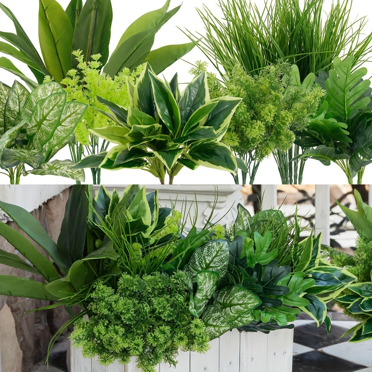 18 stuks kunstplanten voor buiten, UV-bestendig, nep stengels, kunstmatig plastic groen voor binnen en buiten, hangplanten, tuin, veranda, vensterbank, huis, bruiloft, boerderijdecoratie
