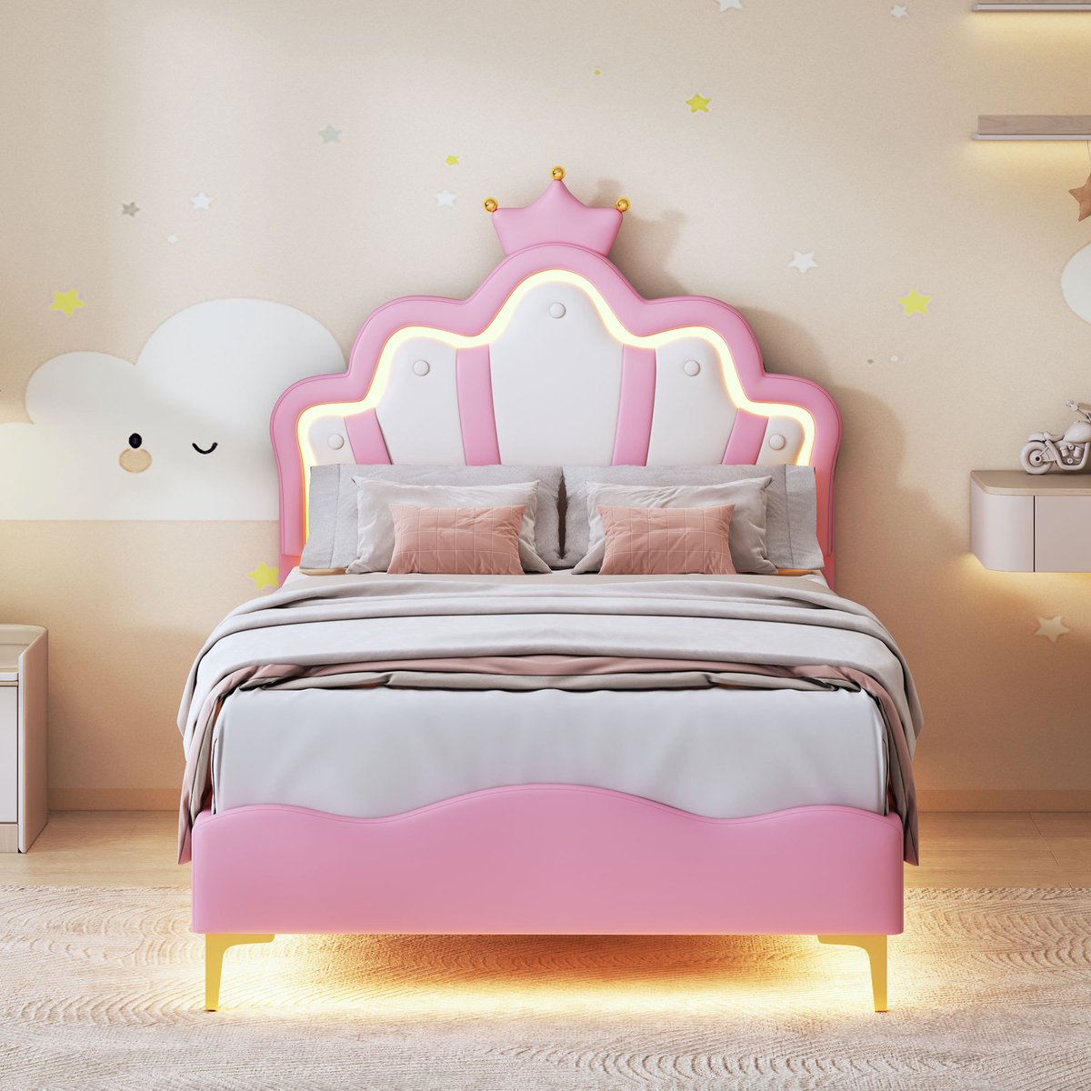 ROSAHQNDA Kinderbed 90x200 cm, met LED-verlichting, prinsessenbed, kroonbed, meisjesbed/kinderbed/eenpersoonsbed, plat bed, PU, ​​roze