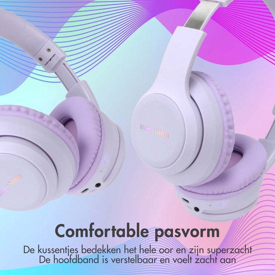 Gedetailleerde weergave van de comfortabele, zachte paarse oorkussens en verstelbare hoofdband.