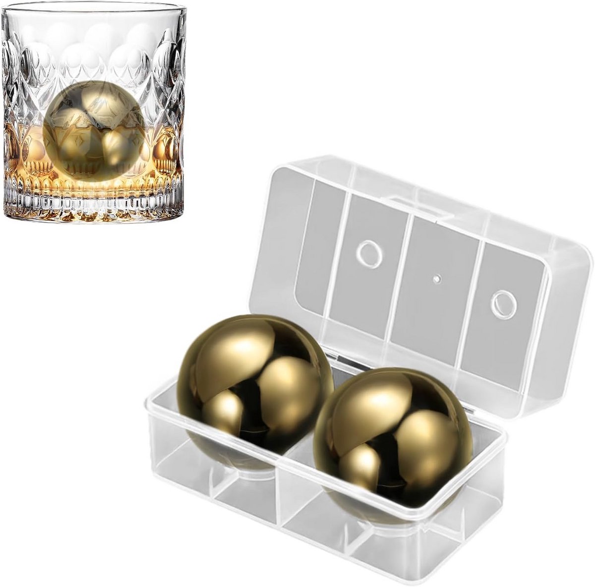 2x Grote RVS IJsballen - Herbruikbare Metalen Whiskey Koelstenen met Opbergdoos