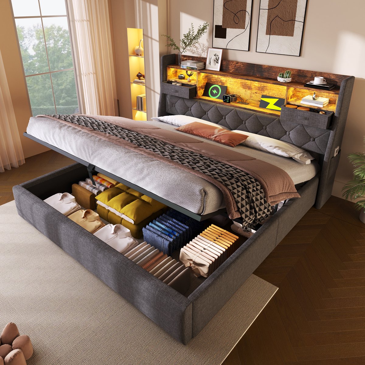 OKWISH Gestoffeerd Bed 180x200 cm - LED Met App En Muziekmodus - Hydraulisch Opbergbed Met Trekriemen - Nachtplankje - Linnen - Zonder matras - Grijs