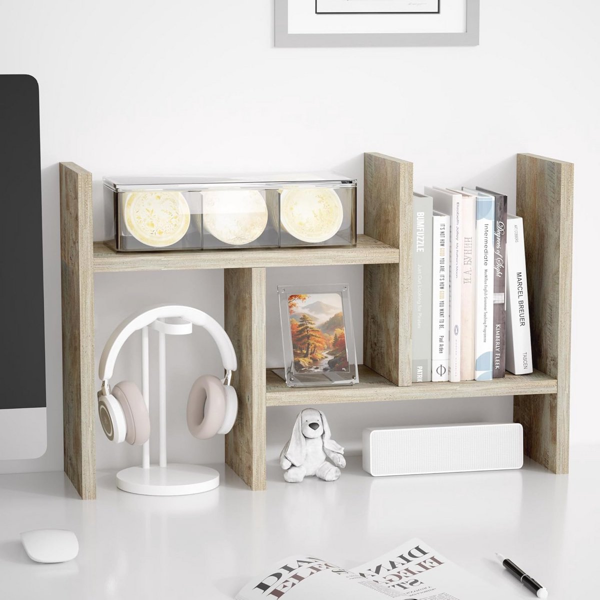 Verstelbare Desktop Organizer Houten Display Plank voor Kantoor - Lichtbruin