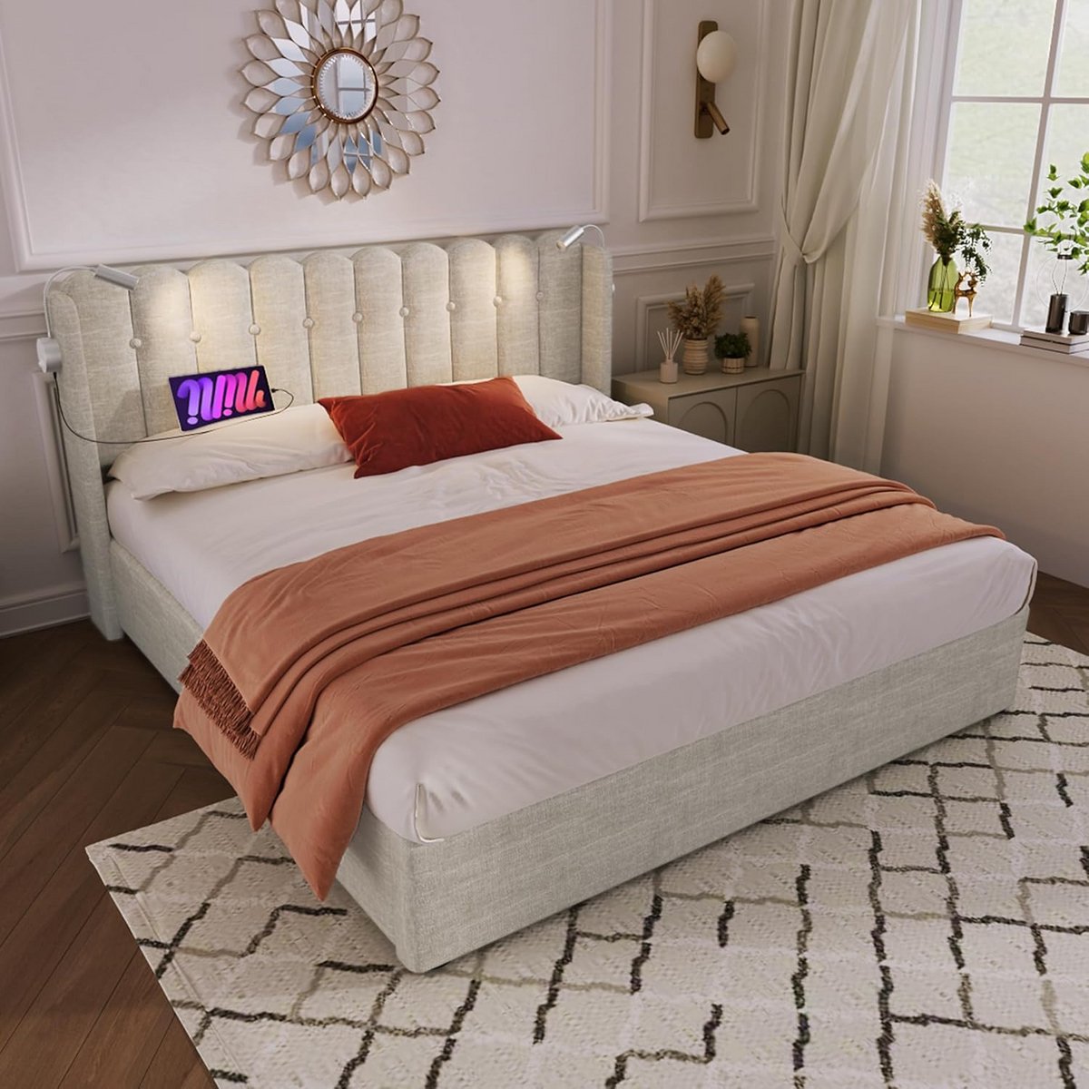 Gestoffeerd Tweepersoons Bed met Opbergruimte en Functioneel Hoofdbord