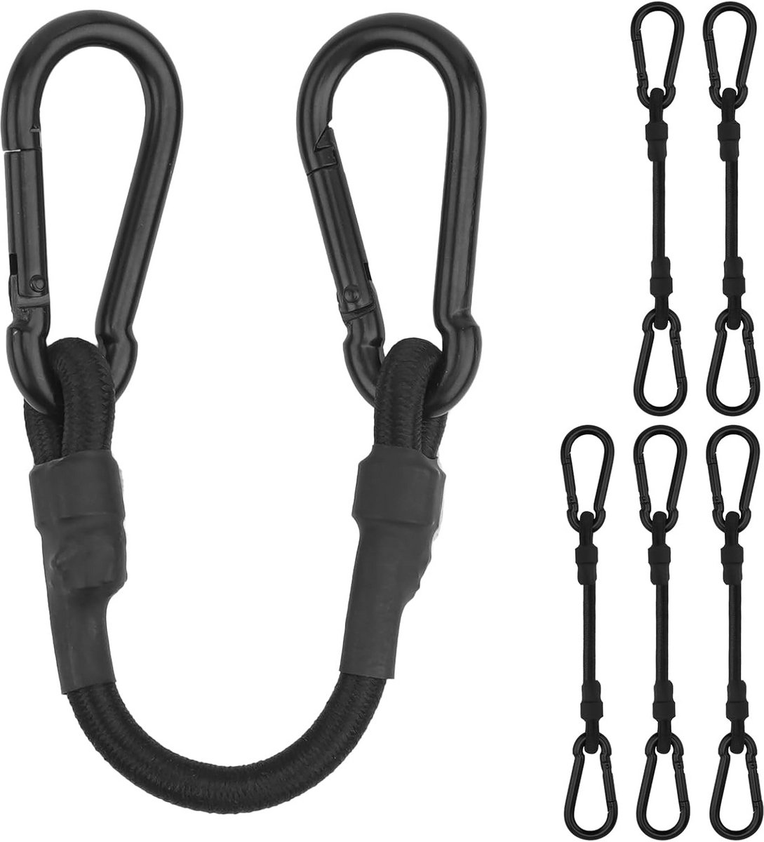 Set van 6 Zwarte Spanbanden met Karabijnhaak - Flexibele Bagagespanners 30 cm