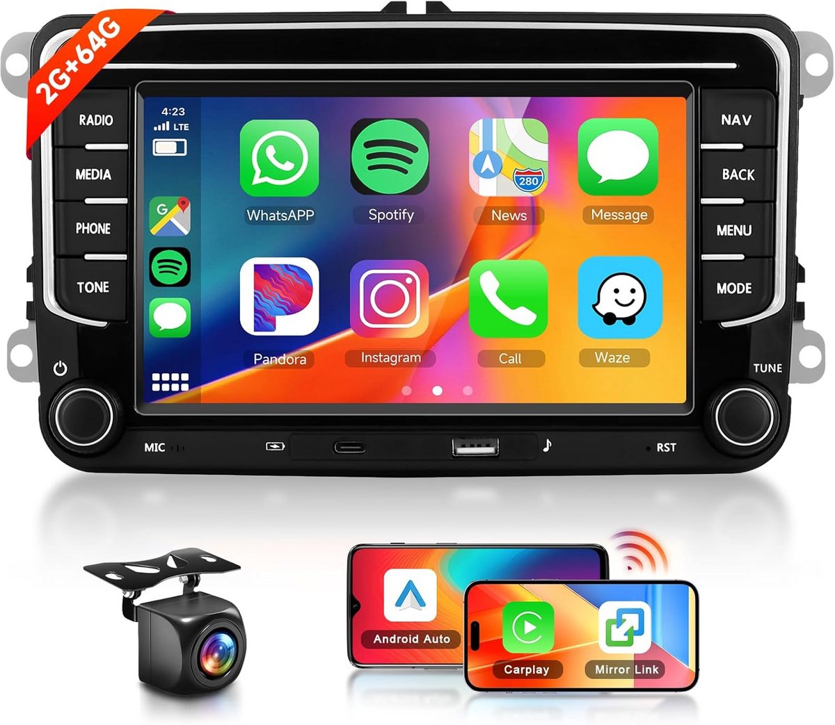 7 Inch 2 Din Bluetooth Auto Radio met Carplay voor VW, Skoda en Seat - Inclusief GPS, Wifi en Achteruitrijcamera