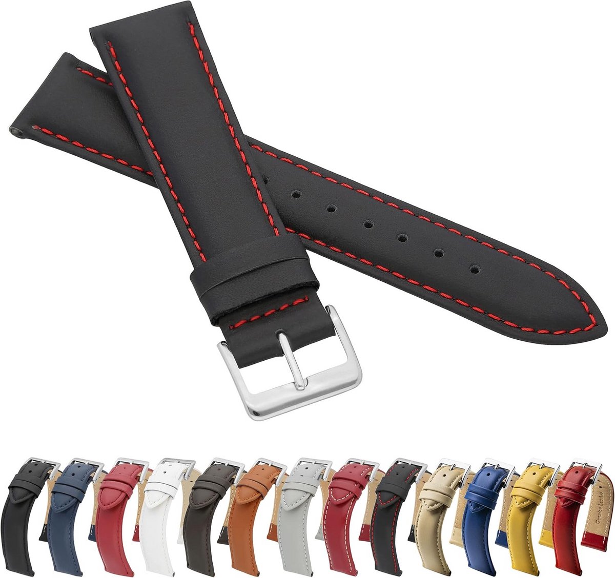 Horlogeband Leer Glad Echt Rundleer Zwart-Rood 22 mm Universeel