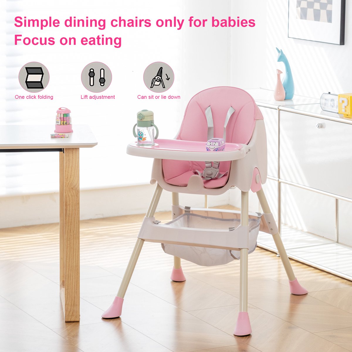 Baby Eetstoel - Kinderstoel - Babytafelstoel - Opvouwbare Eetstoel - Multifunctionele Babystoel Voor Aan Tafel - Dubbele Plaat - Waterdicht - Kinderzetel - Roze – foto 7