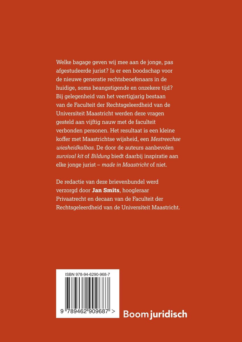 Boekomslag met tekst over jonge juristen, de Universiteit Maastricht en een koffer met levensbenodigdheden. ISBN en barcode zichtbaar.