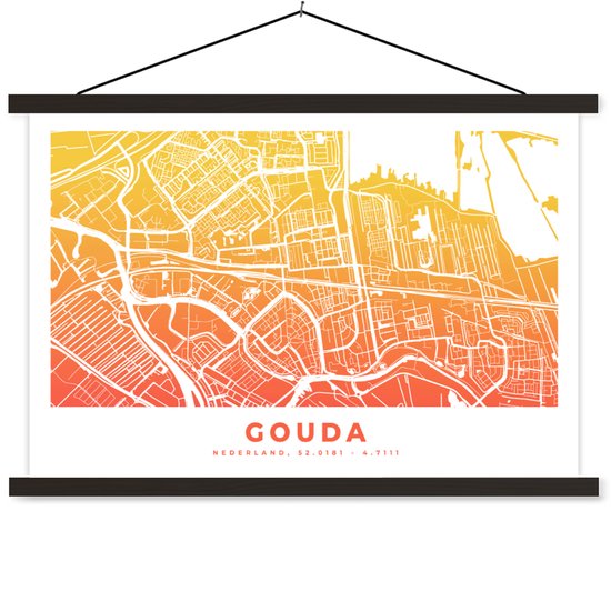 Porte-affiche avec affiche - Affiche scolaire - Plan de la ville - Gouda - Pays- Nederland - Jaune - 60x40 cm - Lattes noires - Carte