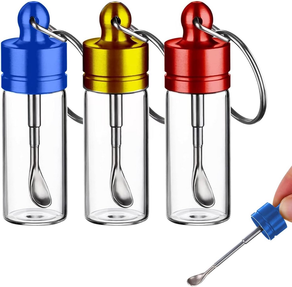 Set van 3 Draagbare Mini Kruidenpotjes van Glas met Sleutelhanger