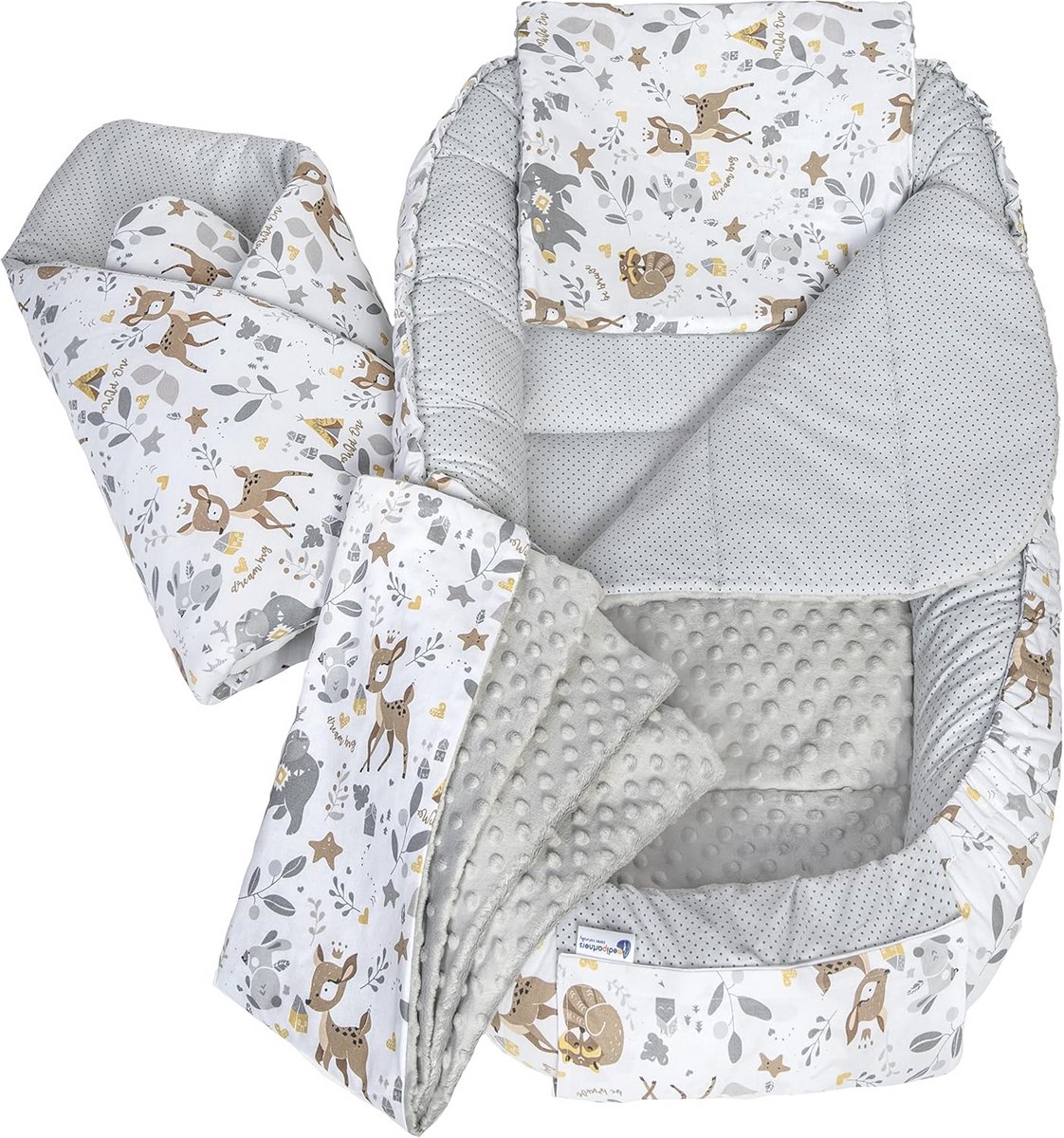 5-delige Babynest Set 100x60x15 - Uitneembaar Inzetstuk - Knuffel Nestje voor Pasgeboren - Ademend Katoen met Minky