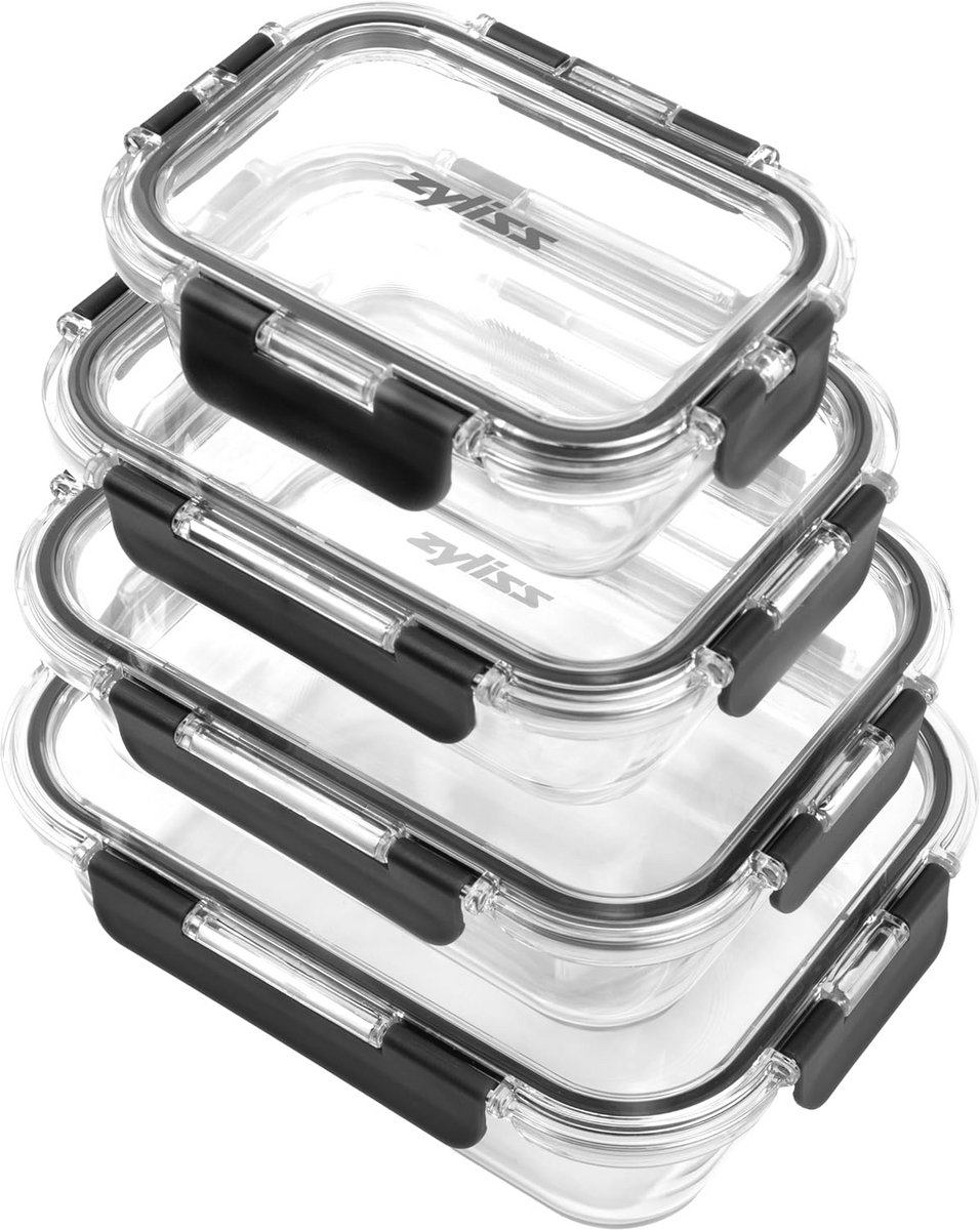 4-delige glazen voedselopbergdozen, luchtdicht en onbreekbaar, BPA-vrij, magnetron- en vriezerbestendig