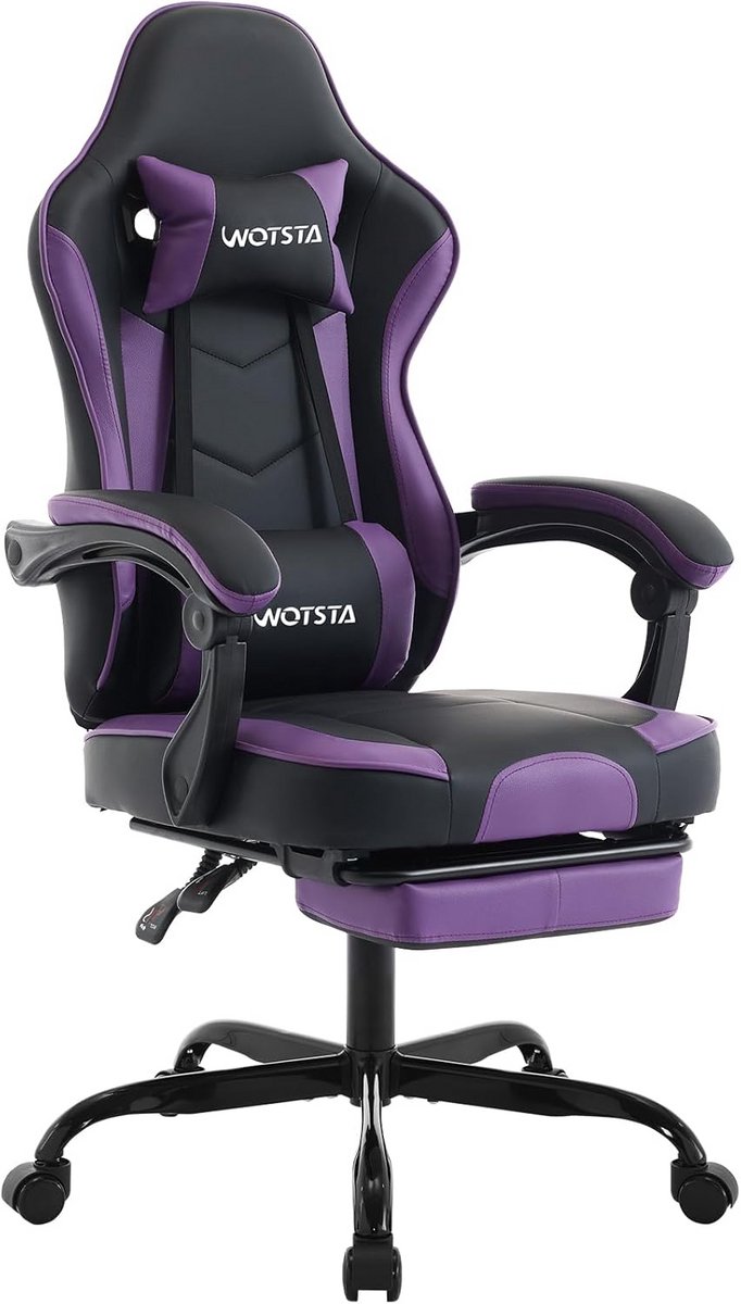 Ergonomische Gaming Stoel met Voetensteun en Lendensteun - Comfortabele Bureaustoel Zwart/Paars