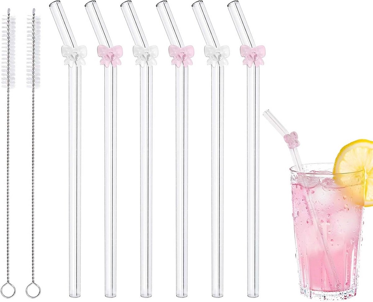 6x Herbruikbare Glazen Rietjes Set met Borstels - Kleurrijk & Vaatwasmachinebestendig