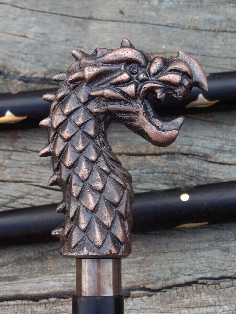 Antieke Houten Wandelstok met Drakenkop Handvat - Victoriaanse Stijl