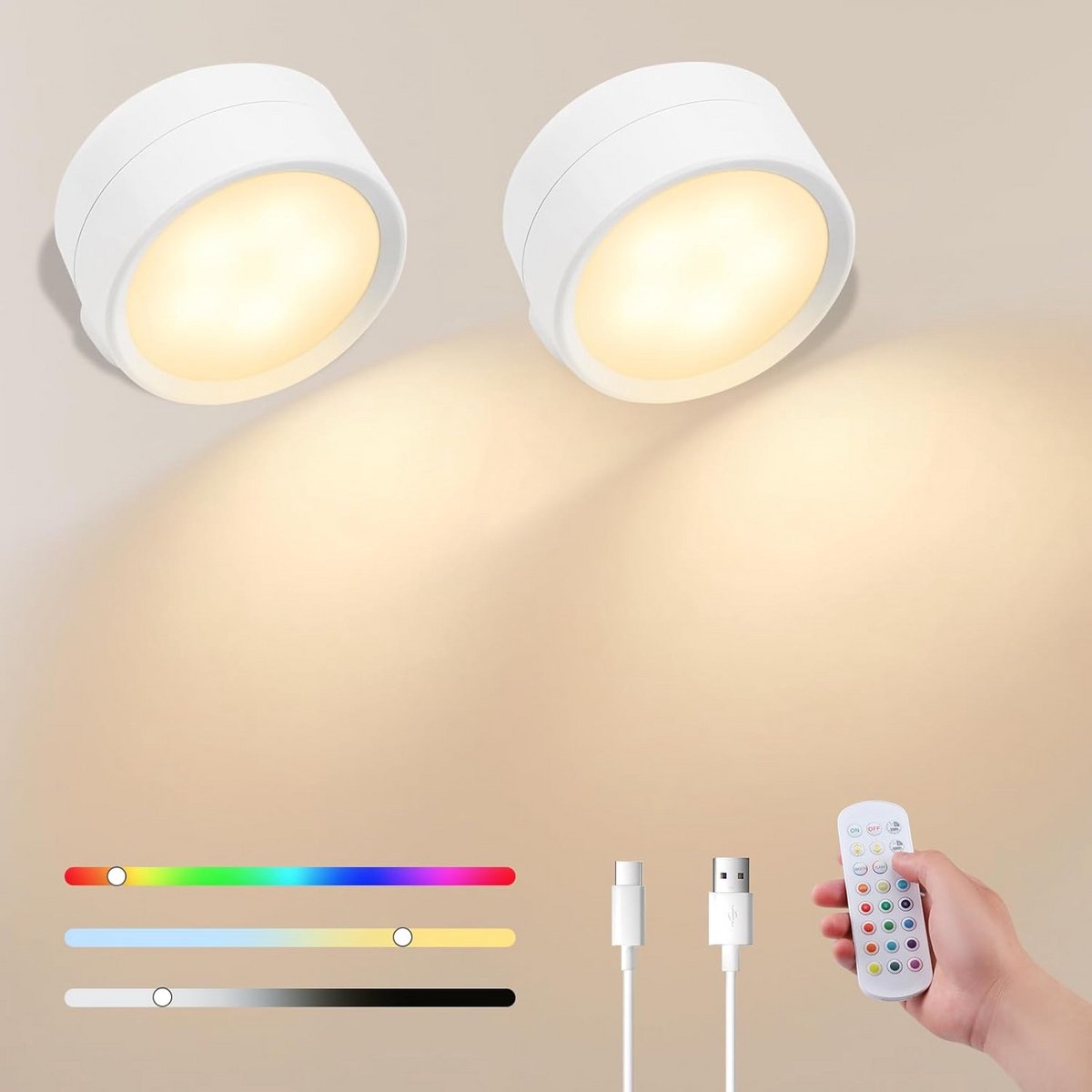 Draadloze Dimbare Wandlamp met Afstandsbediening - 2 Stuks, 15 Kleurmodi, 360 Graden Draaibaar
