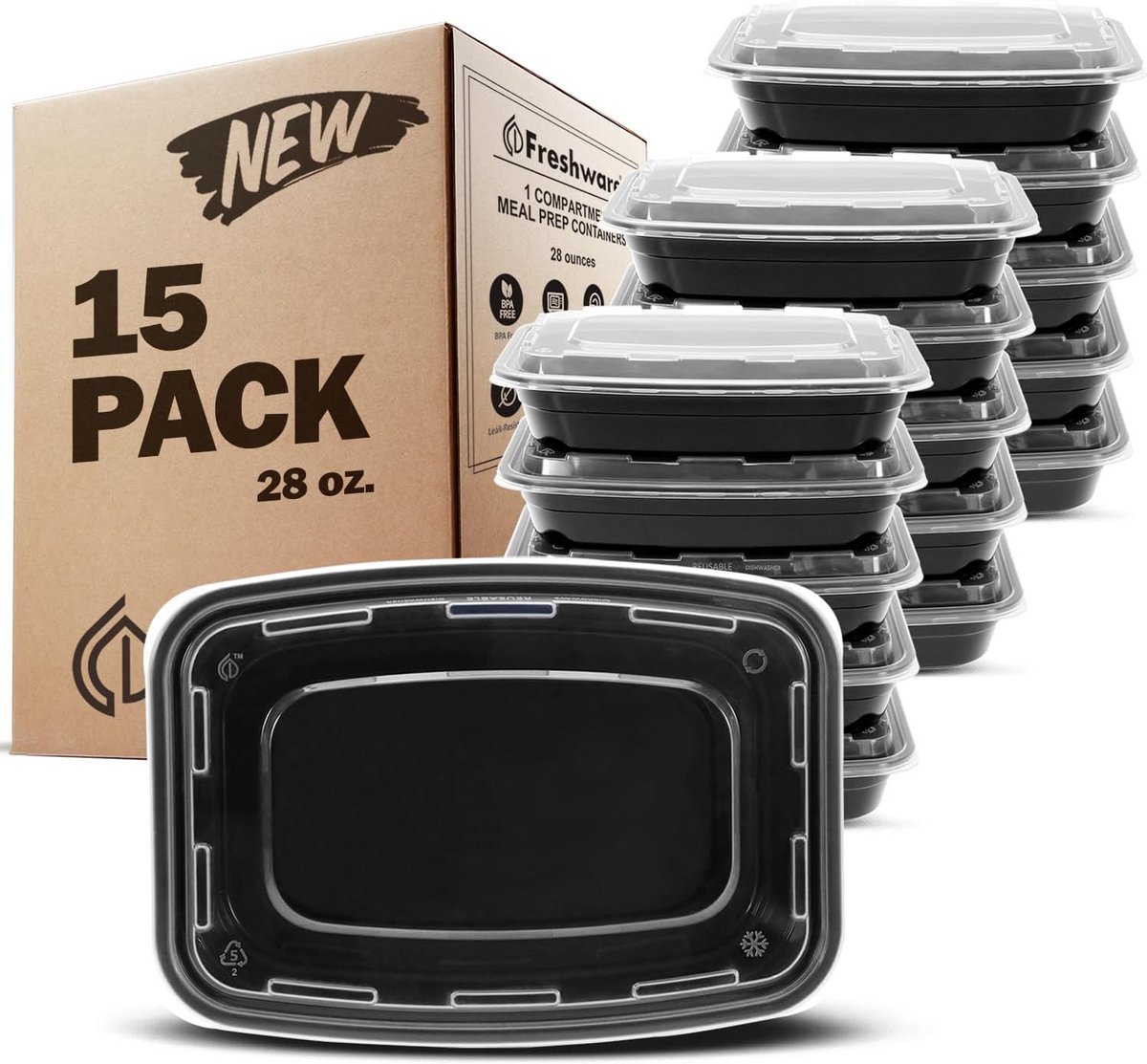 Bento Box Maaltijd Prep Containers - BPA Vrij, Stapelbaar, 1 Compartment, 15-Pack - Magnetron, Vaatwasser en Vriezer veilig