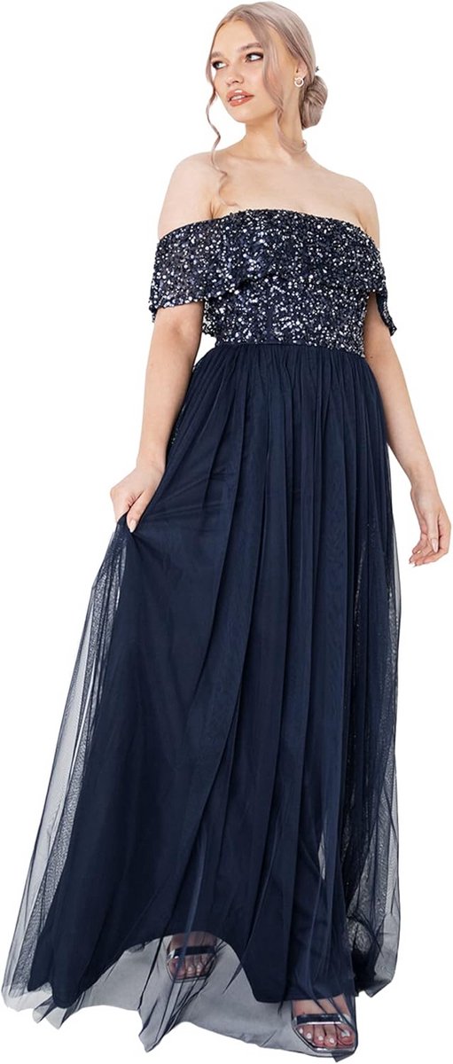 Groene Bardot Maxi Jurk voor Dames - Bruidsmeisje Jurk met Pailletten en Tule Rok