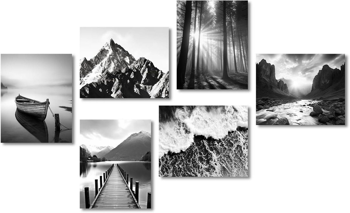 Ronte - Poster Bergen Natuur Landschappen voor Slaapkamer Decoratie Set van 6 in Zwart Wit 8x10 inch
