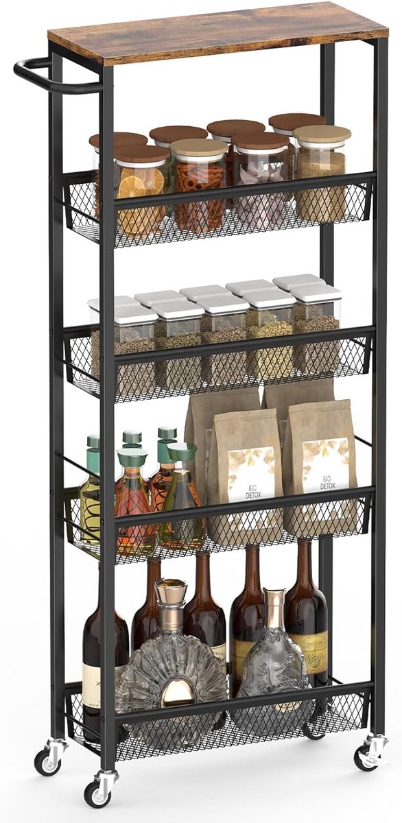 Slanke 5-laags keukenwagen met houten blad en metalen gaasplanken