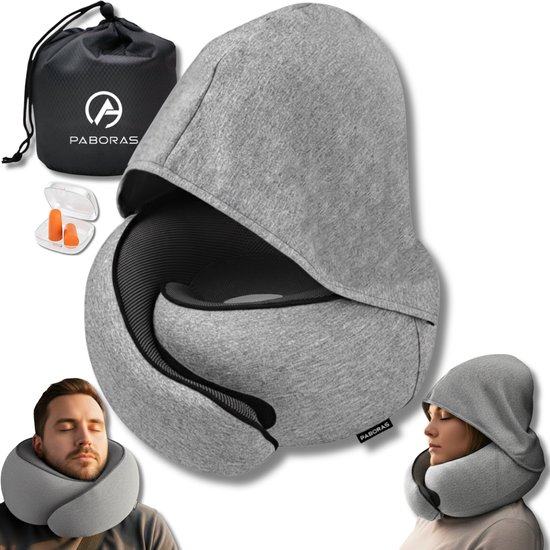 PABORAS® Coussin cervical avec Capuchon - Coussin de voyage - Pour Avion - Auto - Bus - Train - Memory Foam - Coussin cervical de voyage - Mousse à mémoire de forme - Coussin de camping - Coussins cervicaux - Gris clair