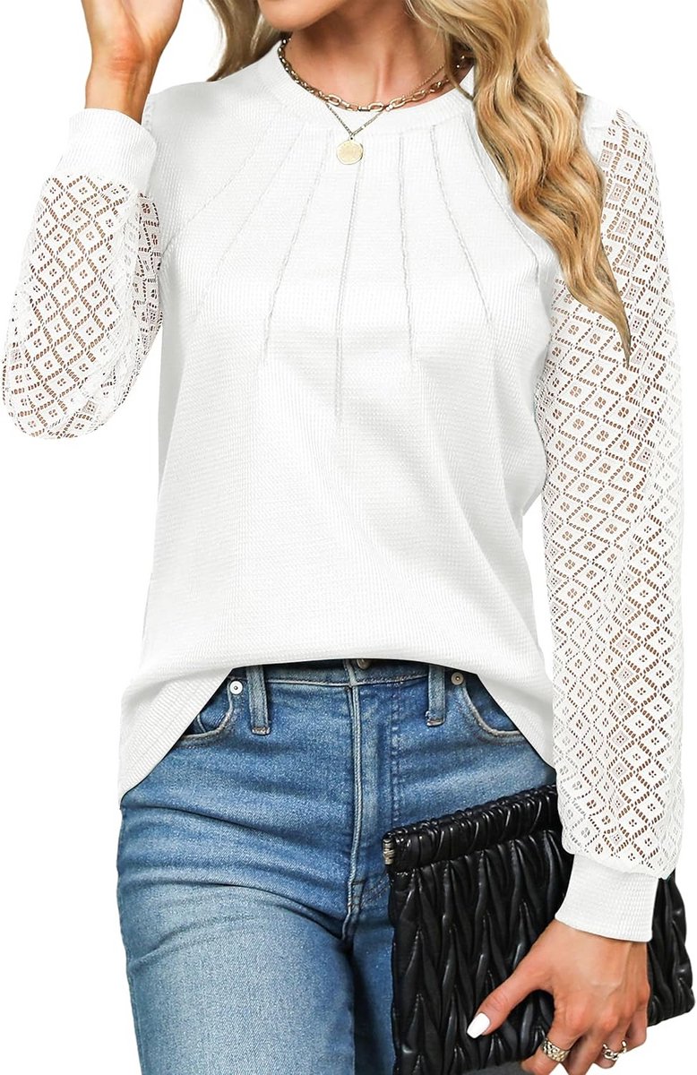 Damesshirt met lange mouwen en kant, wafelgebreid top met ronde hals en plissering