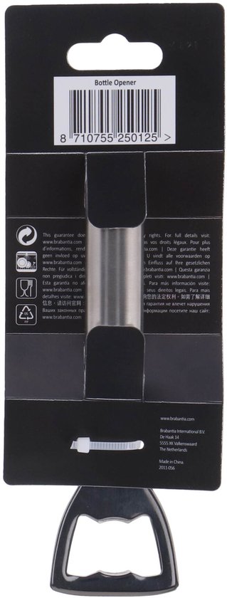 Ouvre-bouteille dans son emballage avec textes, code-barres et logo 'brabantia'.