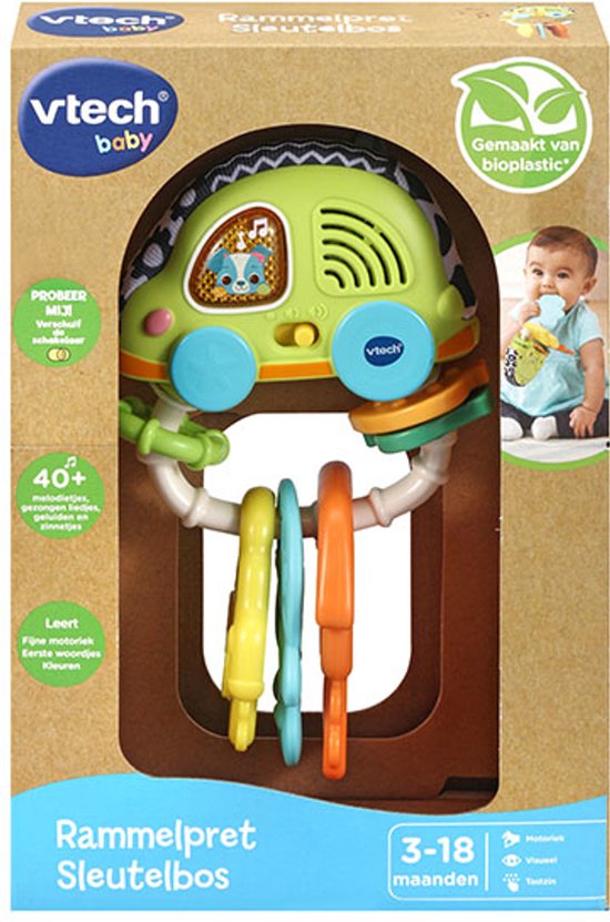 VTech baby rammelsleutels in de vorm van een auto, groen met regenboogkleurige sleutels. Gemaakt van bioplastic.