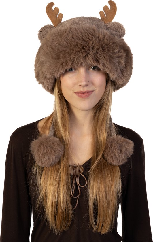 KIMU Bonnet Fourrure Renne Polaire Taupe Brun - Bonnet Fourrure Cornes - Bonnet Oreilles Cordelettes Pompons - Bois Noël Noël Élan Cerf Dames Cadeau Noël Cadeau Noël