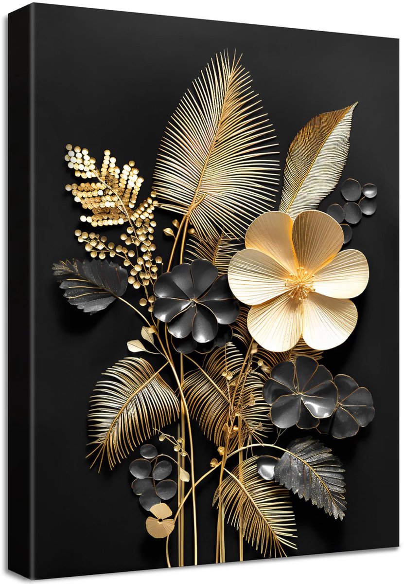 Unyqoos Stijlvolle 3D Canvas Schilderij met Zwart-Gouden Bloemen voor Interieurdecoratie goud zwart