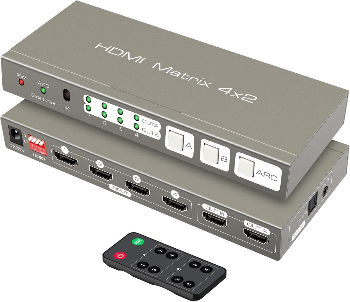 HDMI Matrix Switcher 4x2 4K60Hz met Audio Extractor en ARC