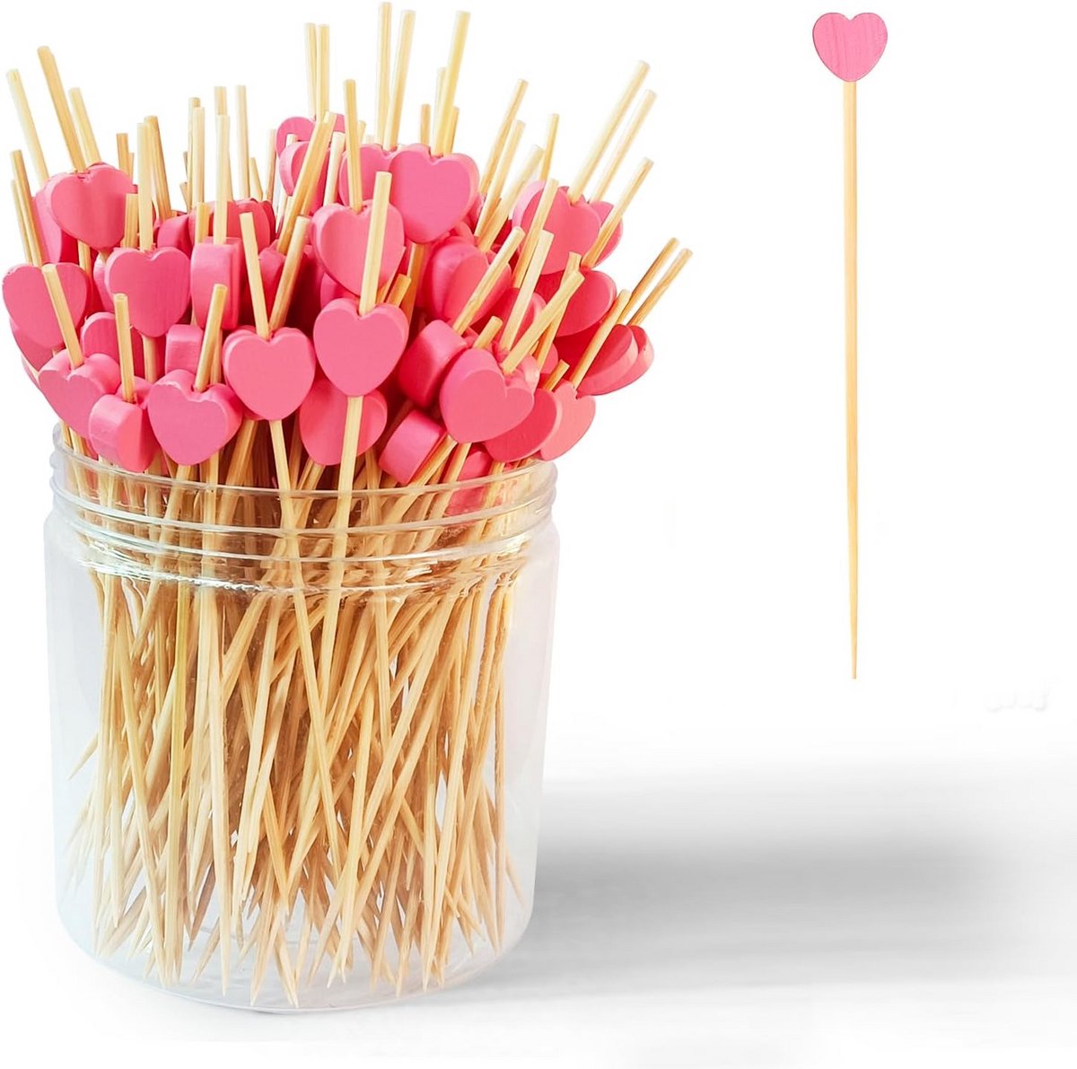 Roze hartvormige cocktailprikkers van bamboe 12 cm - 120 stuks