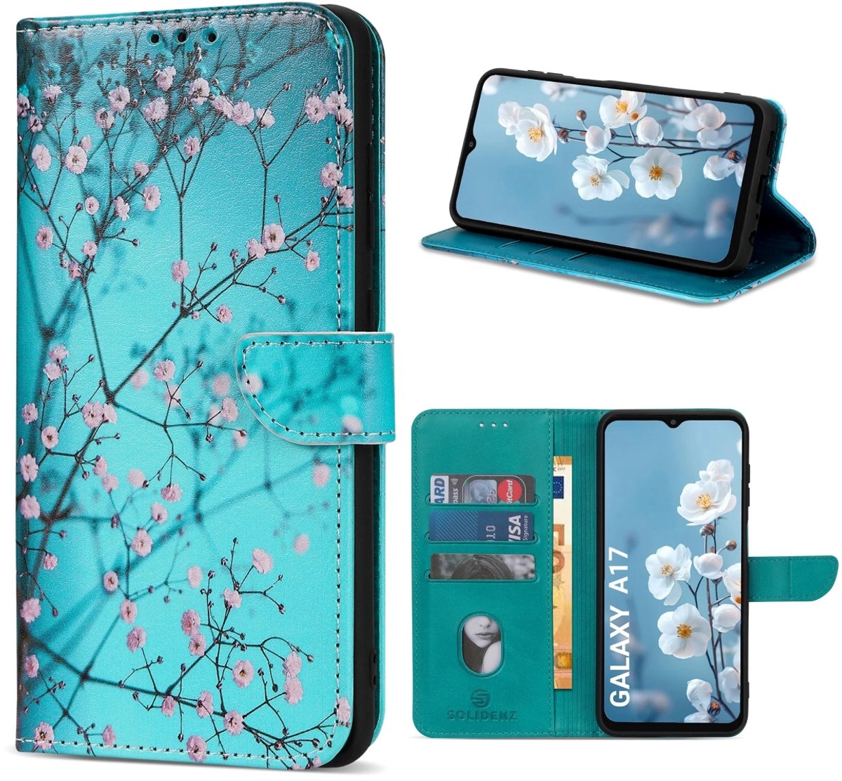 Multimedia & Accessoires Lederen Book Case Hoesje geschikt voor Samsung Galaxy A17 – Sierkers - Bloemen – Blauw -Telefoonhoesje – Met Stand – Kaarthouder – Pasjes Houder – Magneet Sluiting – Bookcase