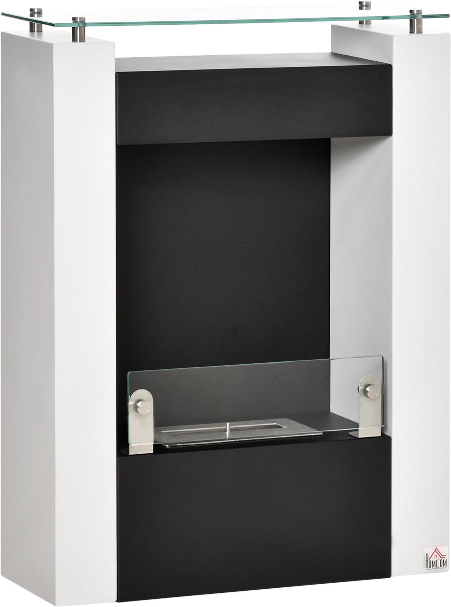 HOMCOM Ethanolhaard Staal, roestvrij staal, gehard glas 60B x 20D x 79H cm Wit+Zwart