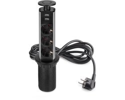 Emuca Vertikal uitschuifbare multi-connector, 3 x Schuko-plug, 1 x USB Type A, 1 x USB Type C, Plast