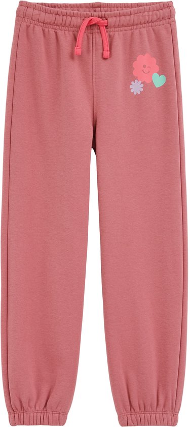 Roze joggingbroek met veterdetails en opdruk van bloem met gezichtje, hartje en bloemetje.