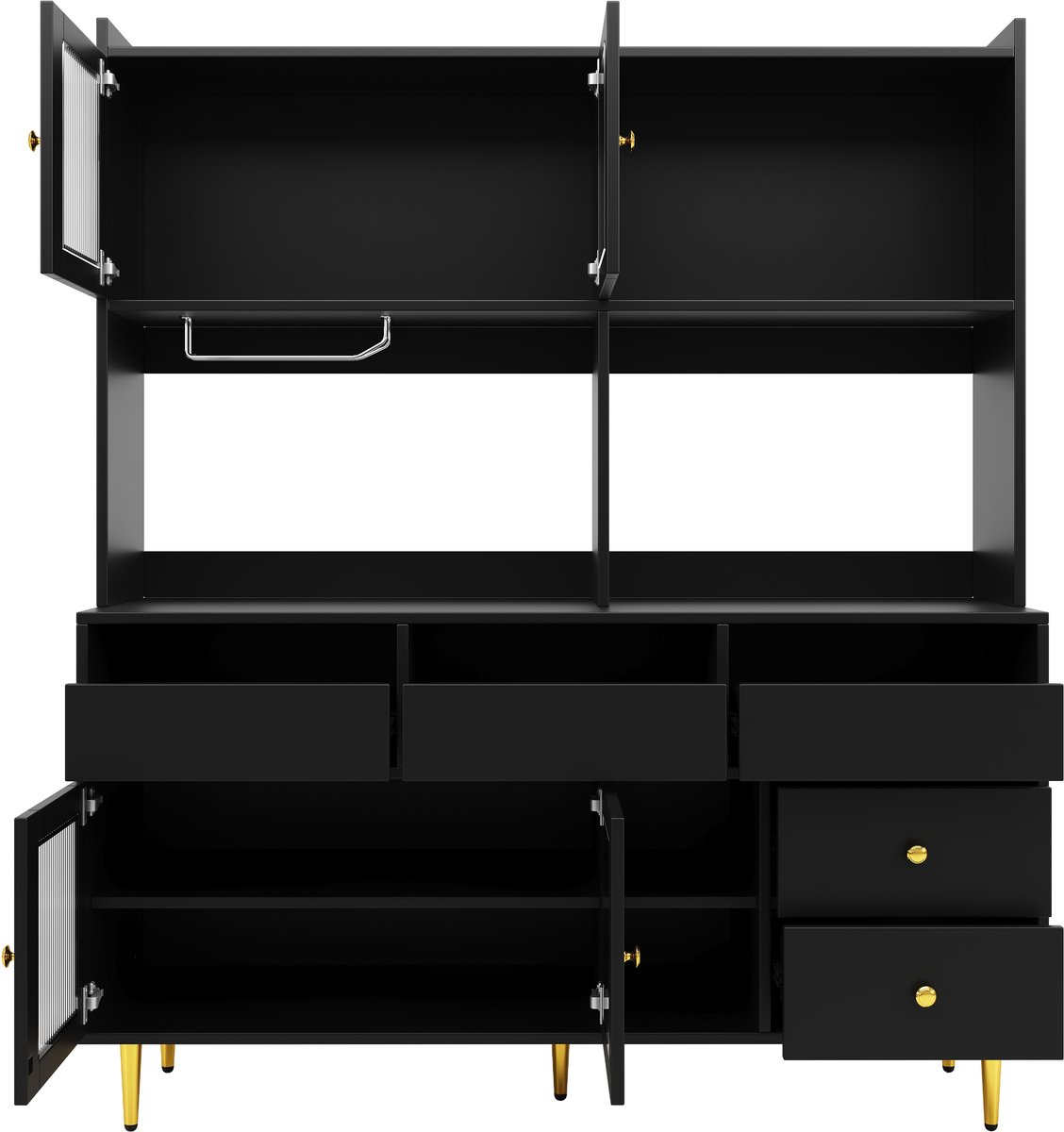Restaurant-hogekast (145 x 39 x 171 cm), met Changhong-glasdeur, wijnglazenrek, meerlaagse opbergruimte, elegant wit met gouden decoratie, geschikt voor restaurants-Zwart