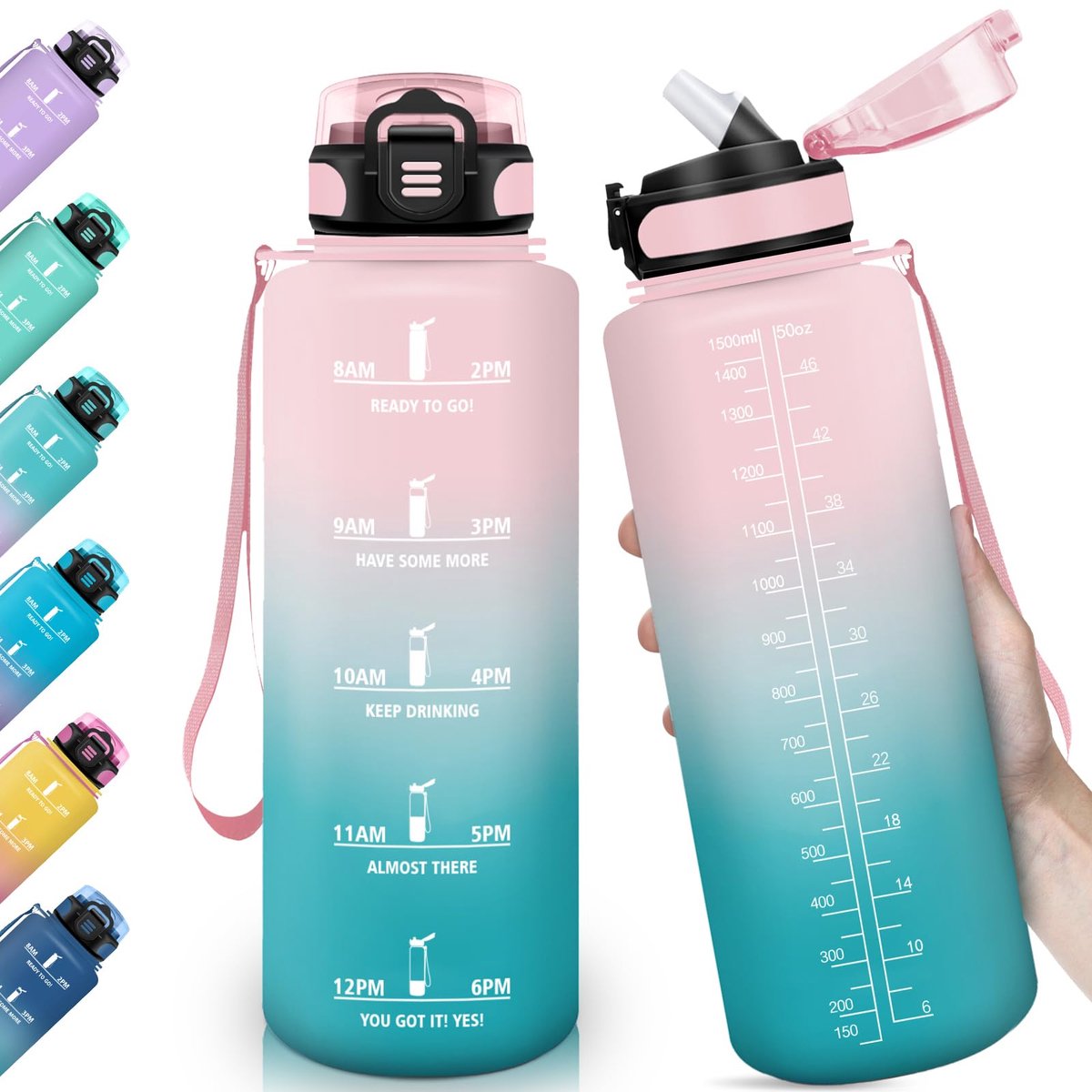 Unyqoos® 1.5 liter drinking bottle with leak-proof straw and time marking