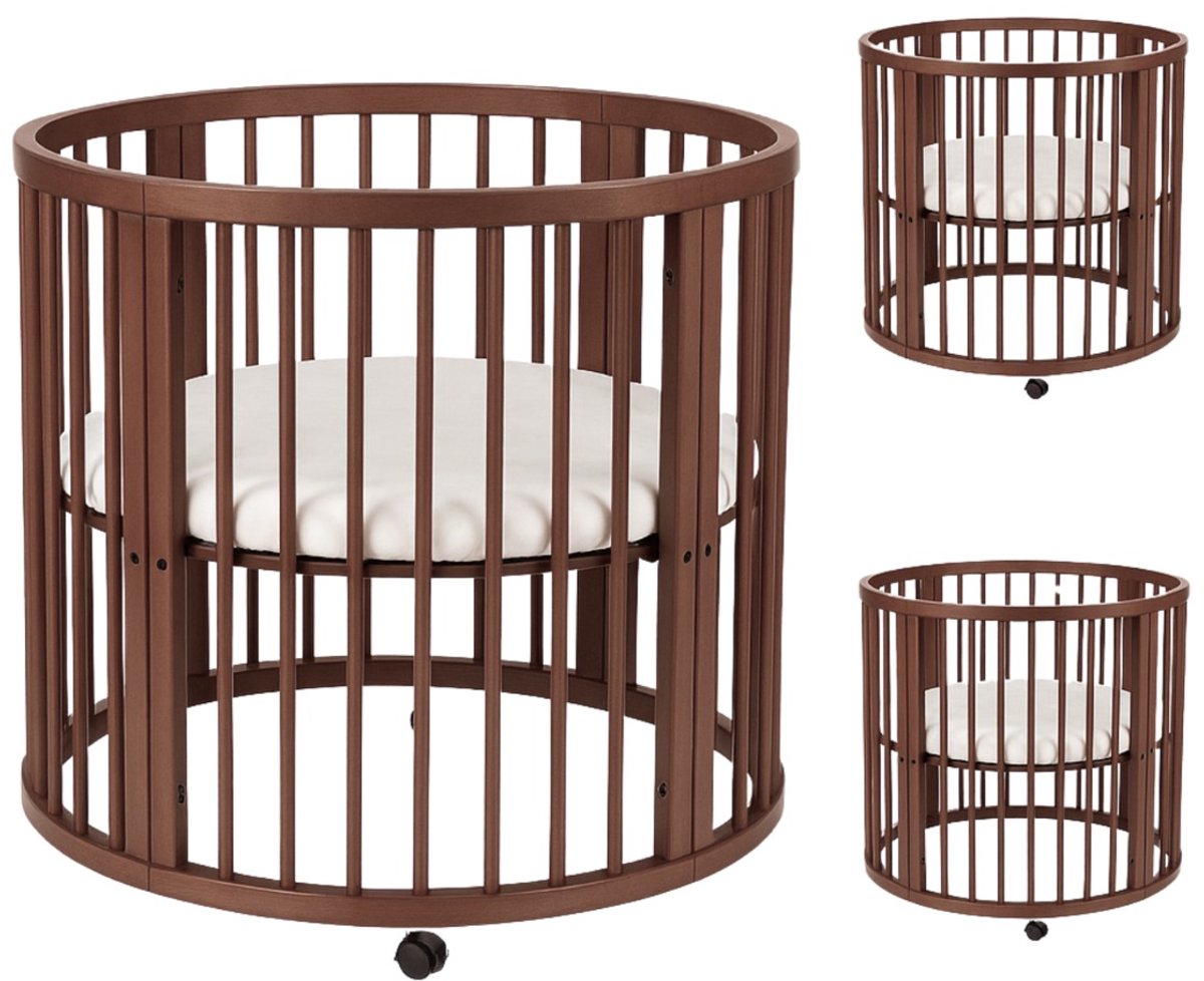 Born Lucky Baby Box Rond 90 cm - In Hoogte Verstelbaar - Met Matras & Wieltjes - Walnoot