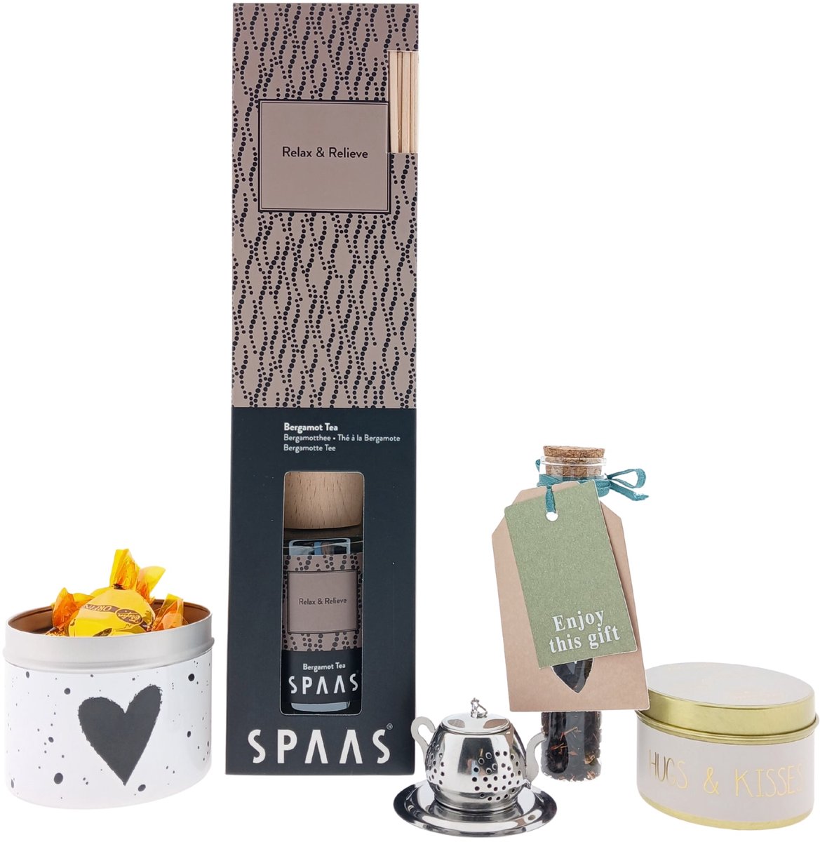 Spaas Geurstokjes Bergamot Cadeauset – Perfume Sticks, Thee, Zeep & Kaars + Snoepblikje Hart – Cadeau voor Iedereen