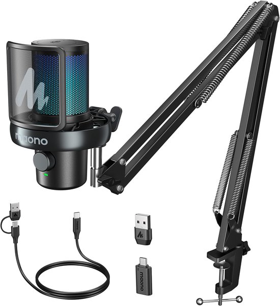 Maono DM40 Pro S - Gaming Microfoon - RGB USB/Draadloze Condensator Microfoon met armstandaard, Zwart